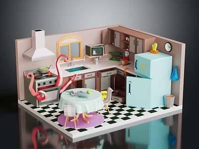 Kitchen Interior Design With Dining Table Chairs Refrigerator Cabinets And Checkered Floor 3d model