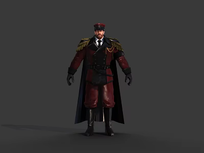 Game Movie Character In Red Black Military Uniform With Long Cape And Gold Epaulettes 3d model