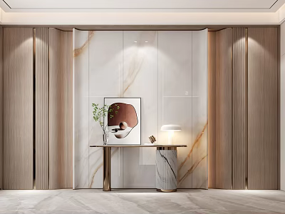 Elegant Modern Entryway Interior With Marble Wall Wooden Panels Console Table And Green Plant 3d model