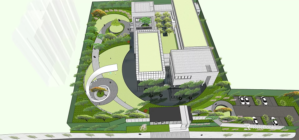 Modern Garden Landscape Design With Green Lawn Curved Paths Trees And Buildings 3d model 