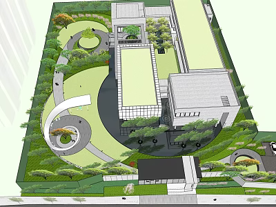 Modern Garden Landscape Design With Green Lawn Curved Paths Trees And Buildings 3d model
