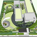 Modern Garden Landscape Design With Green Lawn Curved Paths Trees And Buildings