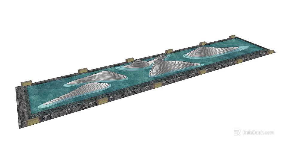 Garden Ornament With Wavy Silver Structures On Blue Surface And Stone Border 3d model