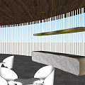 Modern Interior Space With Wooden Ceiling White Chairs Gray Desk And Large Windows