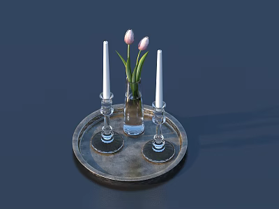 Silver Tray with Glass Vase Pink Tulips and White Candles on Glass Candle Holders 3d model