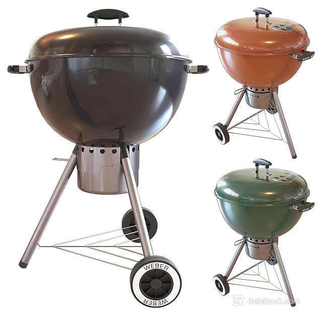 Black Orange And Green Grills With Wheels And Metal Stands 3d model 