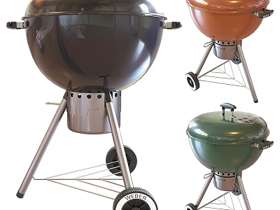 Black Orange And Green Grills With Wheels And Metal Stands 3d model