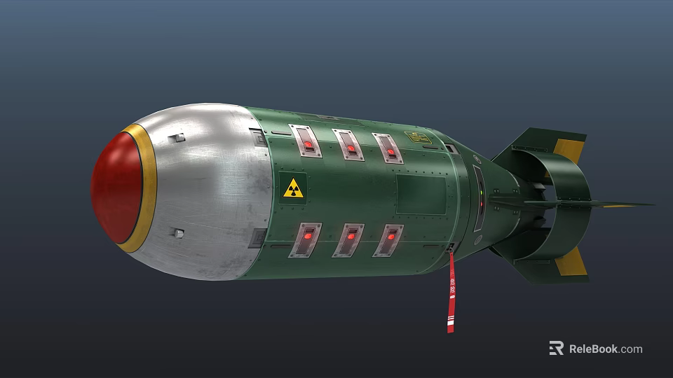 Military Bomb With Green Silver Body Red Nose Cone Yellow Warning Signs And Tail Fins 3d model 