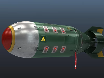 Military Bomb With Green Silver Body Red Nose Cone Yellow Warning Signs And Tail Fins 3d model