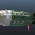 Military Bomb With Green Silver Body Red Nose Cone Yellow Warning Signs And Tail Fins