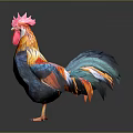 Colorful Flying Rooster with Bright Red Comb and Vibrant Feathers Standing on Dark Background