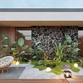 Modern Courtyard Garden With Stone Wall Outdoor Furniture Lawn And Water Feature