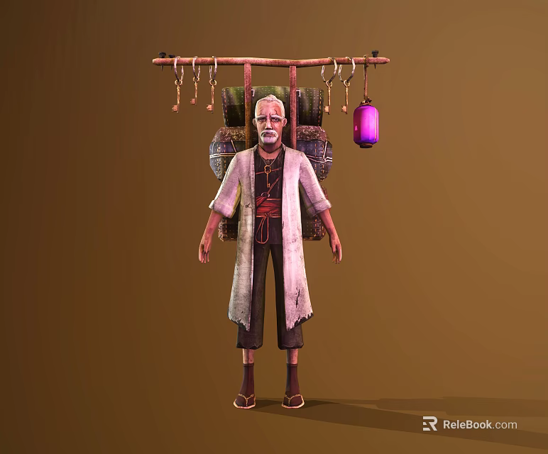 Elderly Game Movie Character In Traditional Robe Carrying Wooden Frame With Hanging Lantern And Ornaments 3d model 