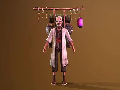 Elderly Game Movie Character In Traditional Robe Carrying Wooden Frame With Hanging Lantern And Ornaments 3d model