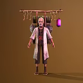 Elderly Game Movie Character In Traditional Robe Carrying Wooden Frame With Hanging Lantern And Ornaments
