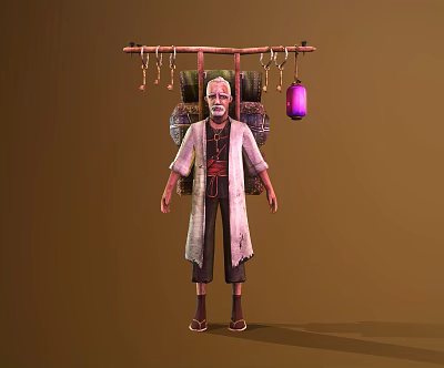 Elderly Game Movie Character In Traditional Robe Carrying Wooden Frame With Hanging Lantern And Ornaments 3d model