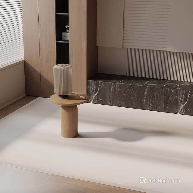 Wooden Round Side Table With Cylindrical Base And Simple Lamp Shade In Modern Minimalist Interior 3d model 