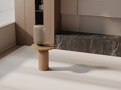 Wooden Round Side Table With Cylindrical Base And Simple Lamp Shade In Modern Minimalist Interior 3d model