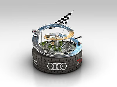 Tire Shaped Display Cabinet With Audi Logo Racing Track Toy Cars And Checkered Flag 3d model