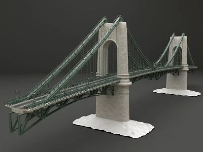 Green Cable Suspension Bridge With White Stone Piers And Roadway Structure 3d model
