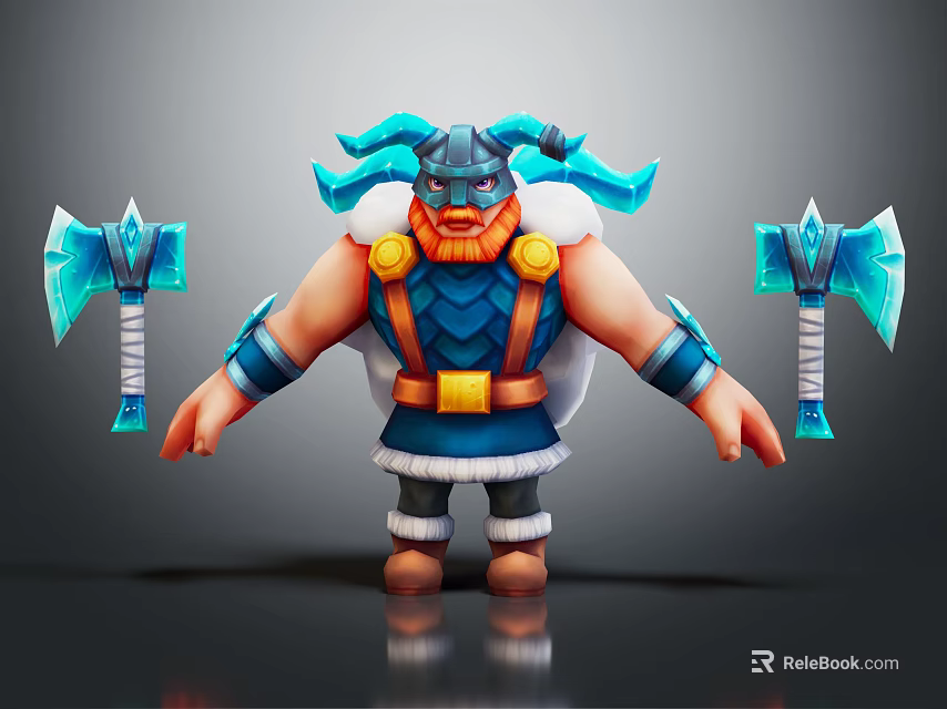 Viking Warrior With Blue Horned Armor And Muscular Build Holding Ice Axes 3d model 