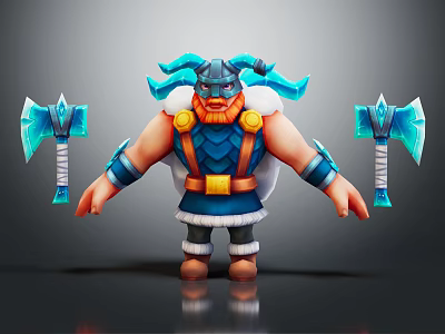 Viking Warrior With Blue Horned Armor And Muscular Build Holding Ice Axes 3d model
