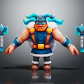 Viking Warrior With Blue Horned Armor And Muscular Build Holding Ice Axes
