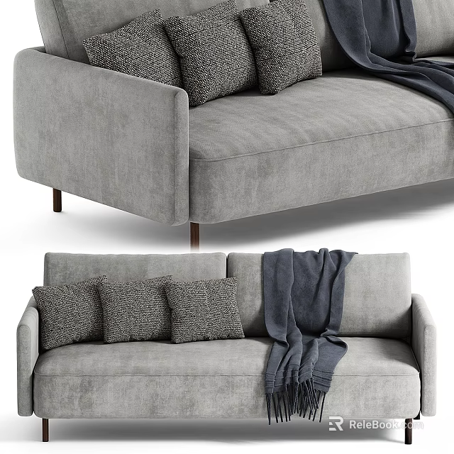 Gray Two Seater Sofa with Decorative Pillows and Cozy Throw Blanket 3d model