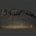 Mechanical Dog Skeleton With Horns Metallic Structure Flaming Base And Dry Grass