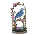 Decorative Ornament Set With Blue Bird Pink Flowers Golden Arch Green Leaves And Base