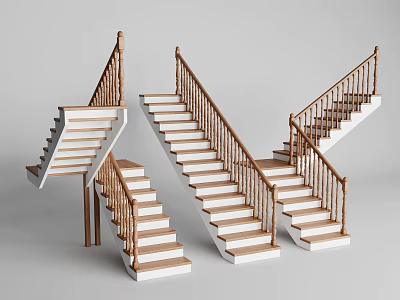 Multiple Staircase Designs With Wooden Handrails And White Steps 3d model