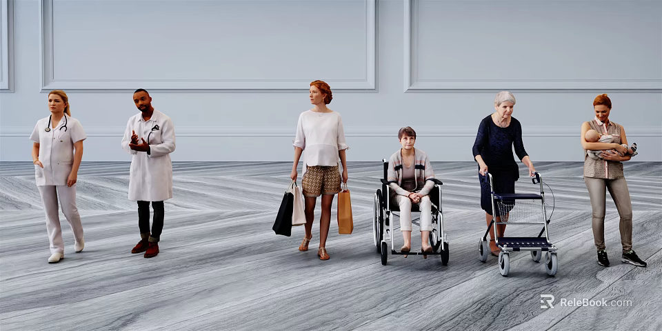 Diverse people including doctor shopper with bags wheelchair and walker users in indoor space 3d model 