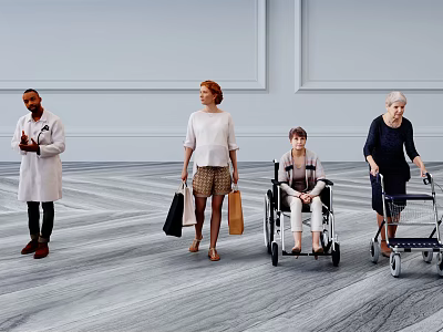 Diverse people including doctor shopper with bags wheelchair and walker users in indoor space 3d model