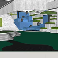 Modern Blue Circular Building With Metal Support Structure And Architectural Design