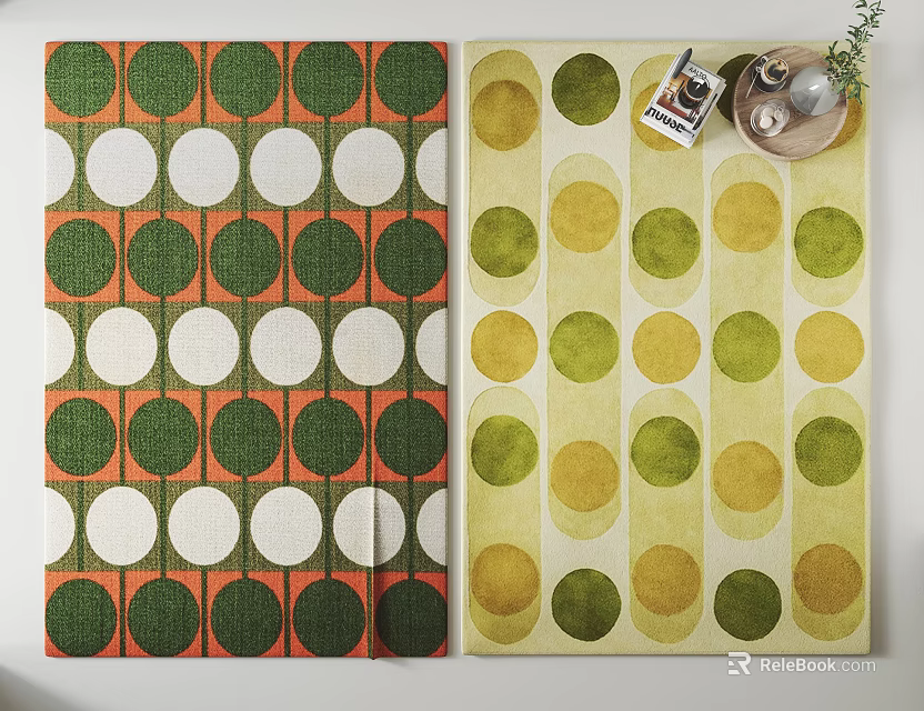 Square Area Rugs with Circular Patterns in Green White Orange Yellow Tones 3d model 