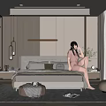 Modern Bedroom Interior Design With Comfortable Bed Glass Wardrobe Pendant Lights And Large Area Rug