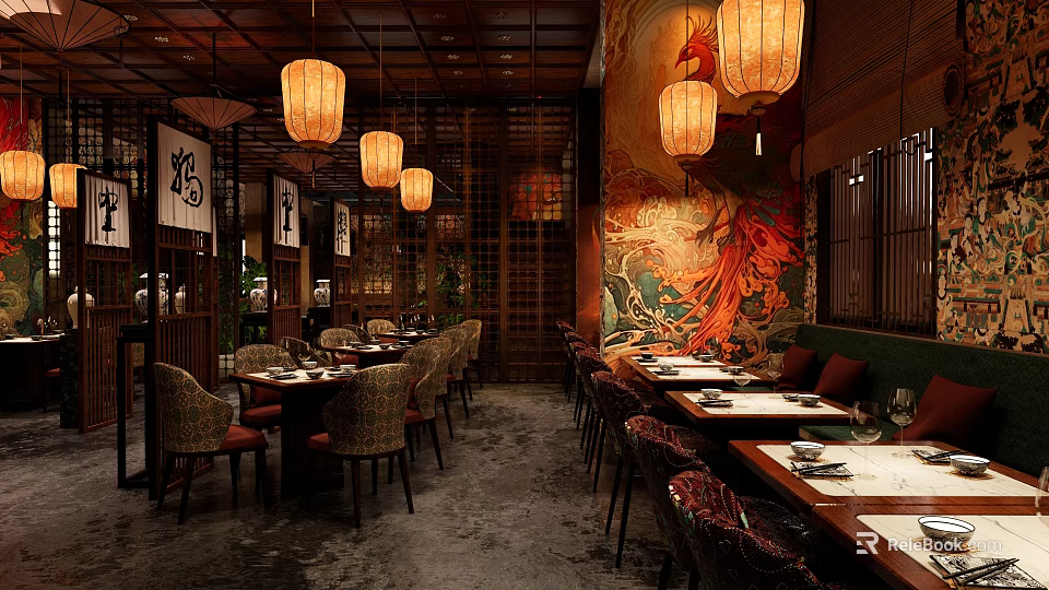 Traditional Asian Restaurant With Hanging Lanterns Phoenix Mural Wooden Decor And Dining Tables 3d model 