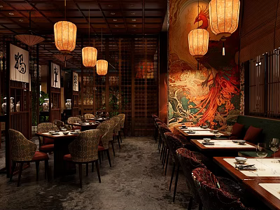 Traditional Asian Restaurant With Hanging Lanterns Phoenix Mural Wooden Decor And Dining Tables 3d model