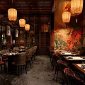 Traditional Asian Restaurant With Hanging Lanterns Phoenix Mural Wooden Decor And Dining Tables