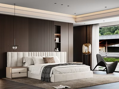 Modern Bedroom Interior With White Upholstered Bed Dark Wood Walls And Floor to Ceiling Windows 3d model