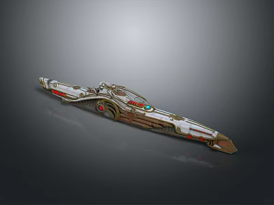 Decorative Golden Long Weapon Featuring Intricate Design And Red Accents 3d model