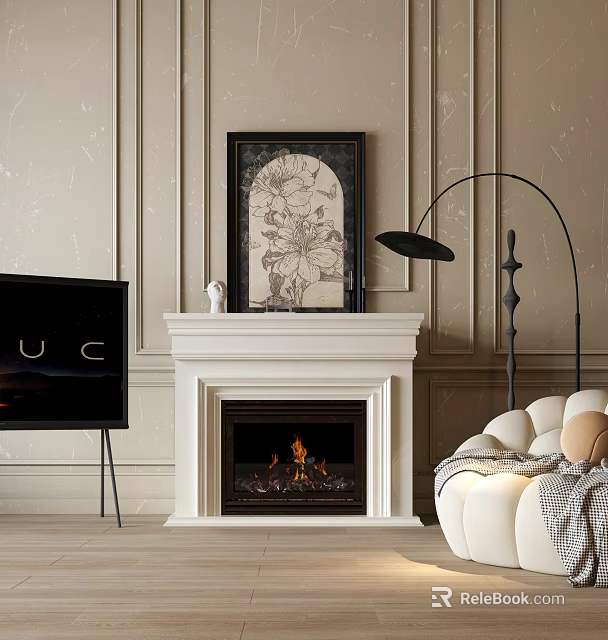 Modern White Fireplace With Framed Artwork Floor Lamp And Sofa In Living Room 3d model 
