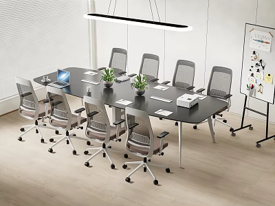 Modern Conference Table In Office Meeting Room With Ergonomic Chairs Laptop Potted Plants And Whiteboard 3d model
