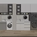 Modern Laundry Room With Washing Machine Dryer Cabinets And Wooden Floor