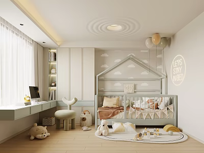 Cozy Kids Room Interior With House Shaped Crib Cloud Wallpaper Balloons Desk And Stuffed Toys 3d model