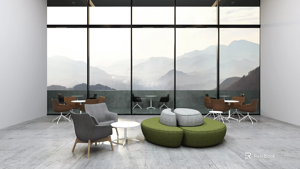 Lounge Area With Large Windows Mountain Views Grey Armchair Green Round Poufs And Brown Chairs 3d model 