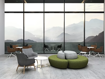 Lounge Area With Large Windows Mountain Views Grey Armchair Green Round Poufs And Brown Chairs 3d model