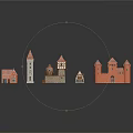 Cartoon Castle Scene With Colorful Red And Gray Buildings And Pointed Roofs