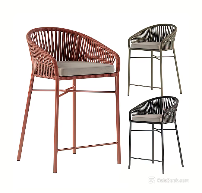 Modern Bar Stools With Rattan Backrest Padded Seat And Metal Legs In Multiple Colors 3d model 
