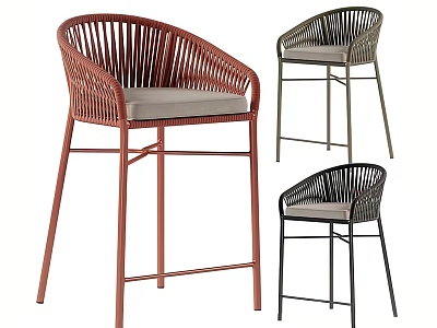 Modern Bar Stools With Rattan Backrest Padded Seat And Metal Legs In Multiple Colors 3d model